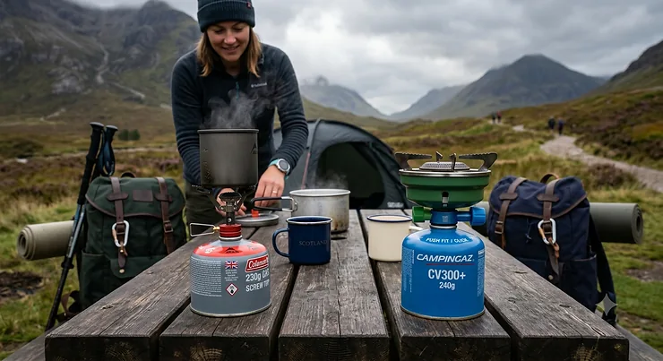 A side by side comparison of a screw top vs push fit camping stove set up on a wooden table outdoors in the UK.