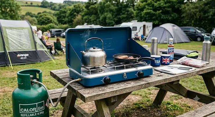 A portable tabletop double burner camping stove set up on a picnic bench at a British campsite.