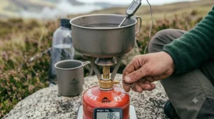 A screw top camping stove and titanium pot setup being weighed on a digital scale, displaying a lightweight reading of 185g for hiking and Duke of Edinburgh expeditions.