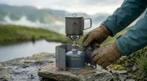 A compact camping stove operating with a foldable metal windscreen shield wrapped around the gas canister on a rocky outcrop.