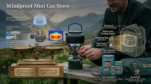 Illustration demonstrating the integrated wind protection design on a mini gas stove for travelling light outdoors.