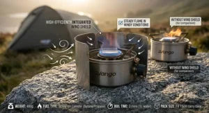 Close-up of integrated windshield protection on a single burner camping stove to maintain flame efficiency in windy weather.