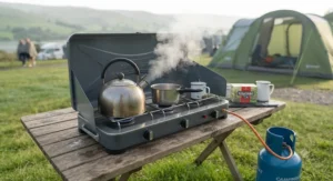 Boiling a whistling kettle on a 3-burner camping stove for a cup of tea outdoors.