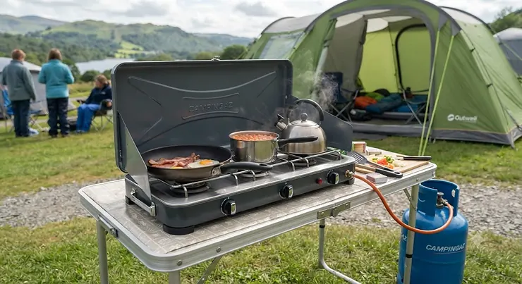 A large 3-burner camping stove set up on a portable table, ideal for family tent holidays in the UK.