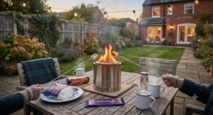 An outdoor cooking setup featuring a Solo Stove on a patio table, perfect for marshmallow toasting on a chilly British autumn evening.