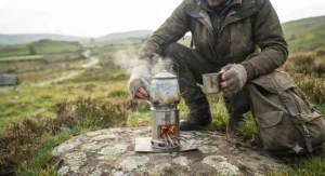 A backpacker using a small rocket stove for camping to cook a hot drink on a hill walk.