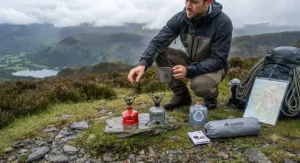 A hiker setting up a stove system in the Lake District, choosing between the MSR PocketRocket and Soto WindMaster.