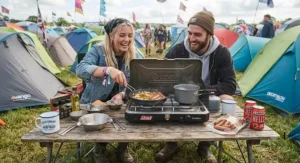 Compact and efficient camping stove setup for festival campers cooking outdoors