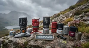 A selection of premium camping stoves including the Jetboil and MSR Windburner for adverse weather conditions.