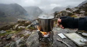 A stainless steel mug of water coming to a rolling boil over a burning hexamine block during a cold weather hill walking trip in the UK.