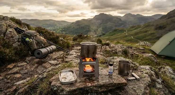 A compact pocket hexamine stove set up on a rocky campsite in the British countryside during an overnight wild camp.