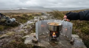 A small folding hexamine stove protected by a lightweight aluminium windshield while cooking a warm meal on a windy British moorland.