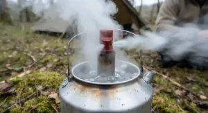 Steam venting and water boiling rapidly inside a Kelly Kettle fitted with a traditional safety whistle stopper.