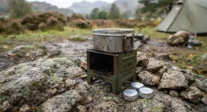 An authentic British Army surplus hexamine solid fuel stove resting on rocky terrain.