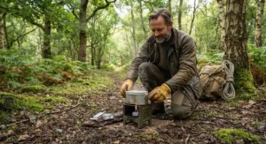 A bushcraft enthusiast using a classic military hexamine stove during a woodland trek in the UK.