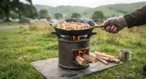 A sturdy cast iron rocket stove for camping supporting a heavy pan for outdoor cooking.