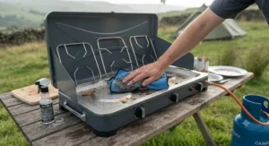 User wiping down the stainless steel hob of a 3-burner camping stove after an outdoor meal.