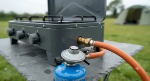 Close-up of a 3-burner camping stove showing the gas regulator connection for standard UK propane canisters.