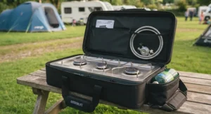 Portable 3-burner camping stove packed inside its protective carry case for easy transport.