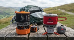 The Jetboil and MSR Windburner stoves packed away, showing their compact design for hiking rucksacks.