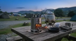 An assembled compact collapsible rocket stove for camping ready for evening meal preparation.
