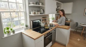 Space-saving integrated cooking system designed for a compact London apartment kitchen.