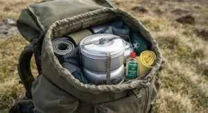 Compact Trangia storm cooker packed down neatly inside a backpack for wild camping