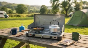 A lightweight two-burner gas stove ideal for family camping trips.