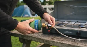 Demonstrating how to connect a gas canister to a portable 3-burner camping stove.