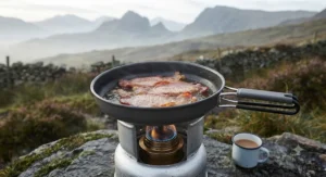 Frying bacon in a non-stick Trangia pan while camping