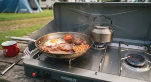 Close-up of a full English breakfast cooking on a portable 3-burner camping stove.