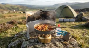 A hot meal being cooked in a frying pan on a Trangia storm cooker at a campsite