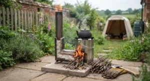 A traditional L-shaped rocket stove burning small twigs and garden biomass efficiently for off-grid cooking in the UK.
