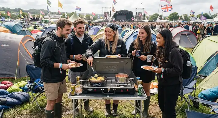 A robust camping stove being used by a group of friends at a British music festival