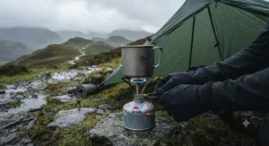 A reliable ultralight gas stove performing well in damp, drizzly British mountain weather.