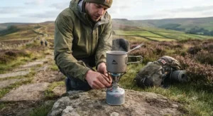 An efficient ultralight gas stove being adjusted for flame control while backpacking across the Pennine Way.