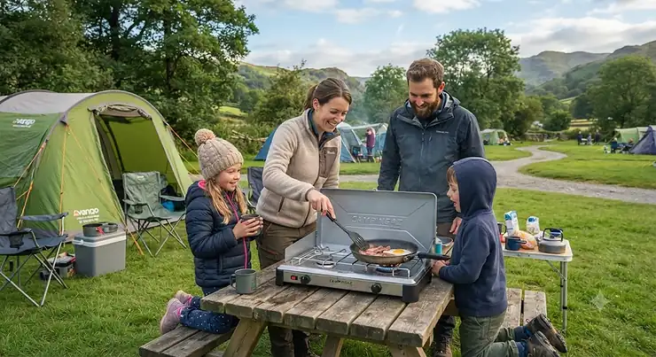 A family using a portable camping stove to cook a meal at a British campsite.