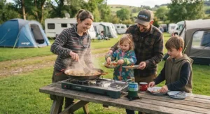 A family using a portable 3-burner camping stove to prepare a meal outdoors.