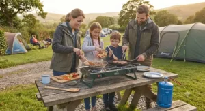 A family cooking a meal together using a freestanding double burner camping stove at their tent pitch.