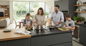 A family cooking a meal together on a high-spec integrated cooking system in an open-plan kitchen.