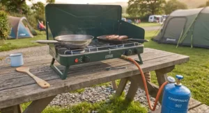 A freestanding double burner camping stove securely connected to a propane gas cylinder for easy outdoor cooking.