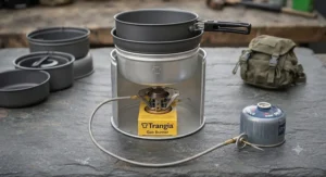 Trangia storm cooker fitted with an optional gas burner attachment for alternative fuel use