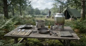 Ghillie Kettle cook set including pot, pan, and grill support accessories laid out for back-country cooking.