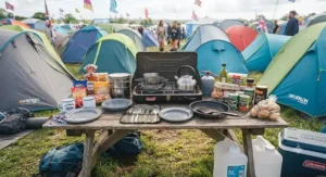 Essential festival camping stove equipment laid out on a table for a group trip