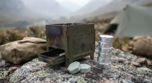 A heavy-duty military hexamine stove displayed alongside foil-wrapped solid fuel tablets.