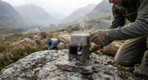 A hiker boiling water in a small metal mug using a lightweight military hexamine cooker.