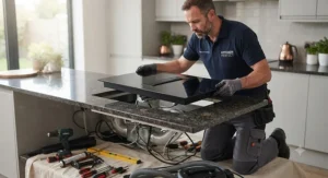 A professional technician installing a modern integrated cooking system into a granite kitchen worktop.
