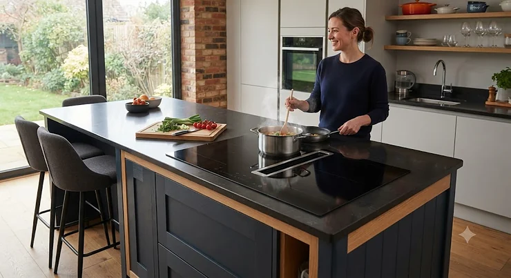 A sleek, integrated cooking system seamlessly fitted into a contemporary British kitchen island.