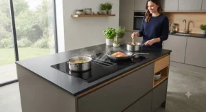 Integrated cooking system featuring an induction hob with a built-in extractor for minimalist kitchen design.