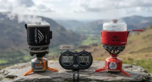 A stopwatch timing a boil test between the Jetboil and MSR Windburner, highlighting speed differences.